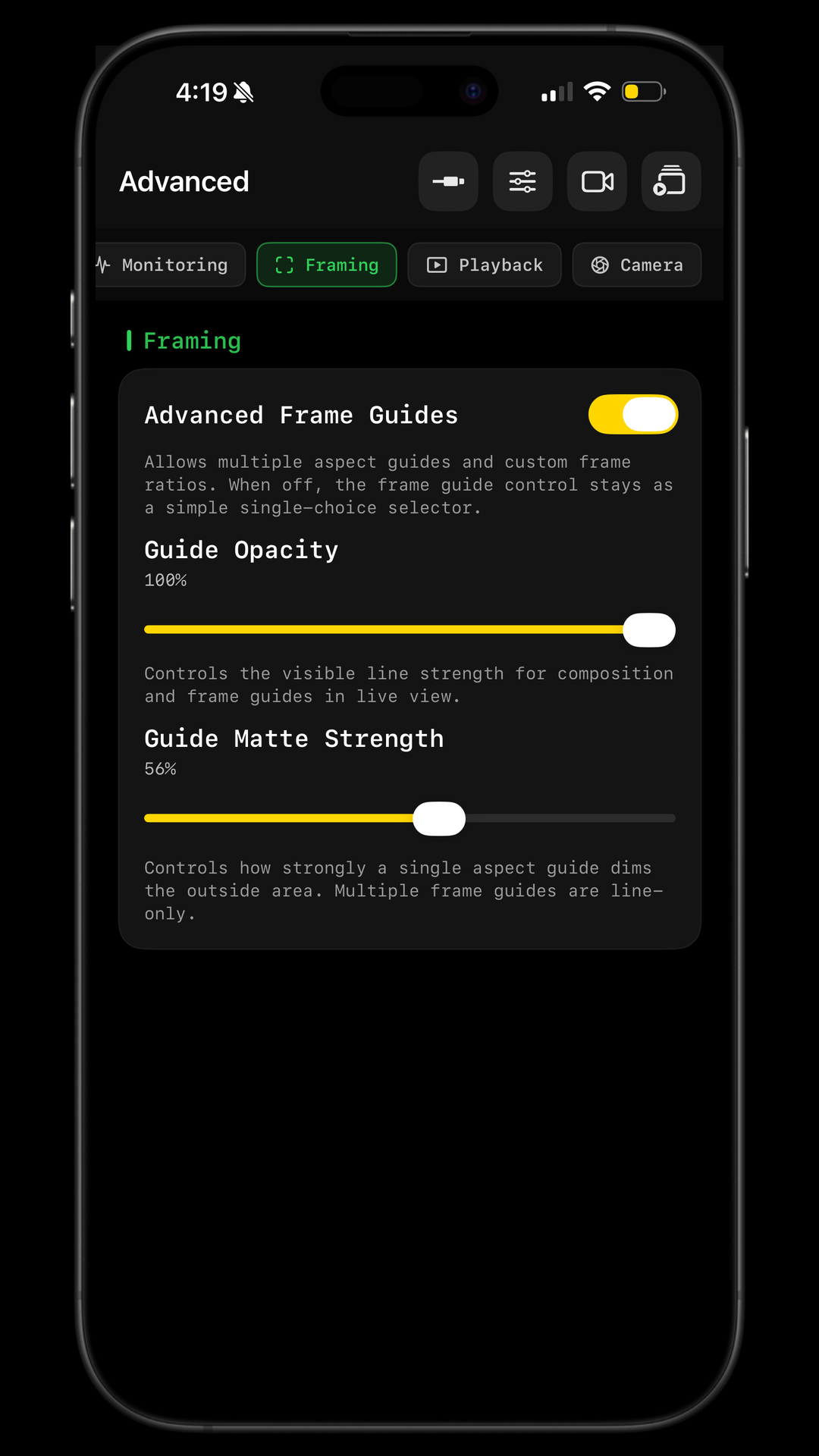 ZR Ctl advanced framing settings