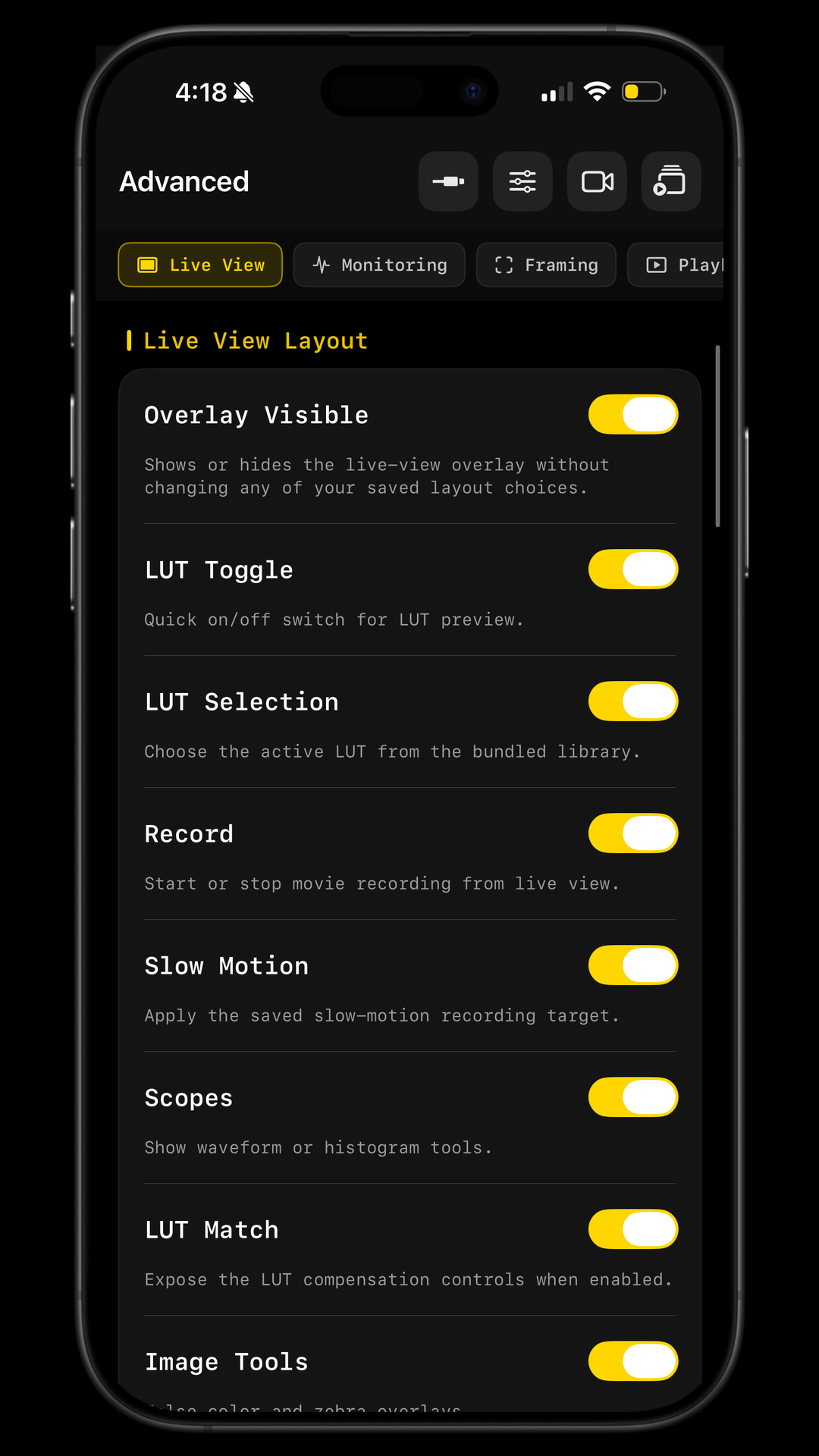 ZR Ctl advanced live view layout settings