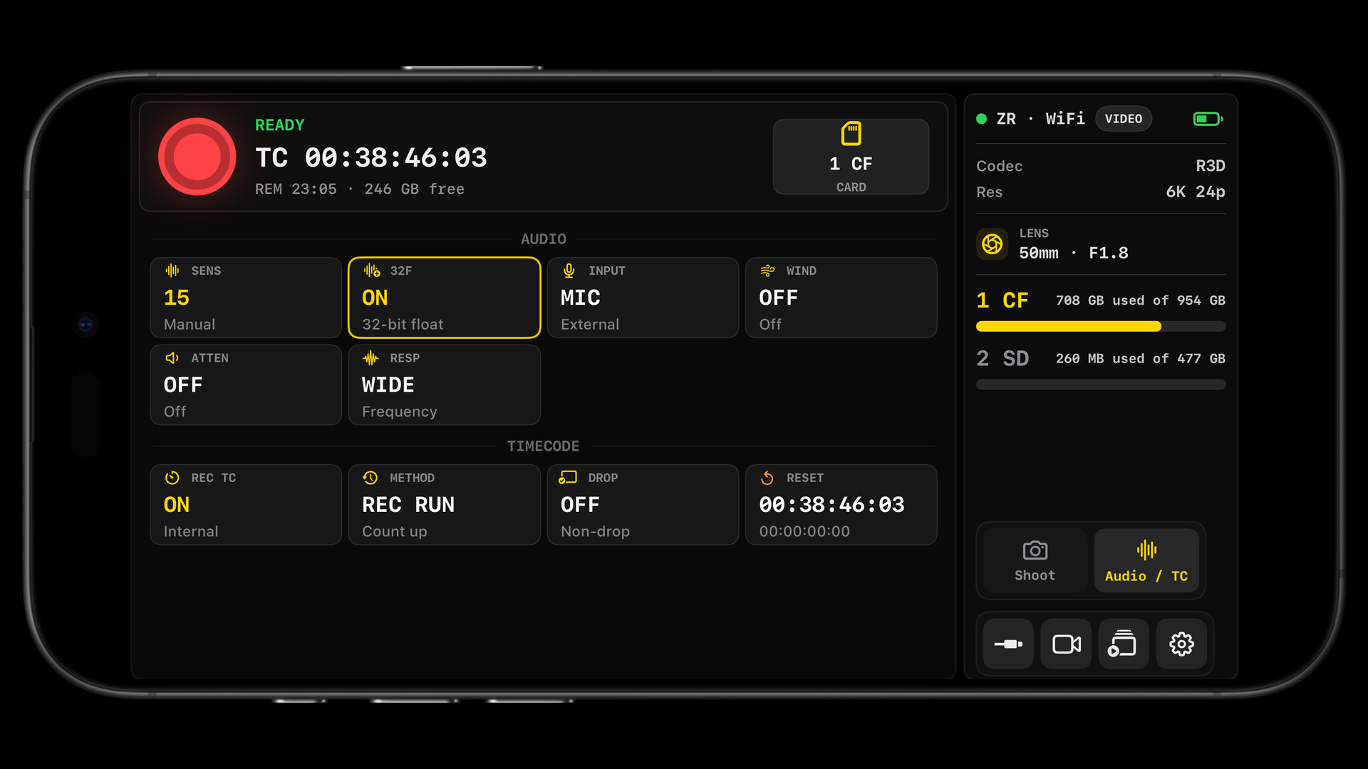 ZR Ctl audio and timecode controls page