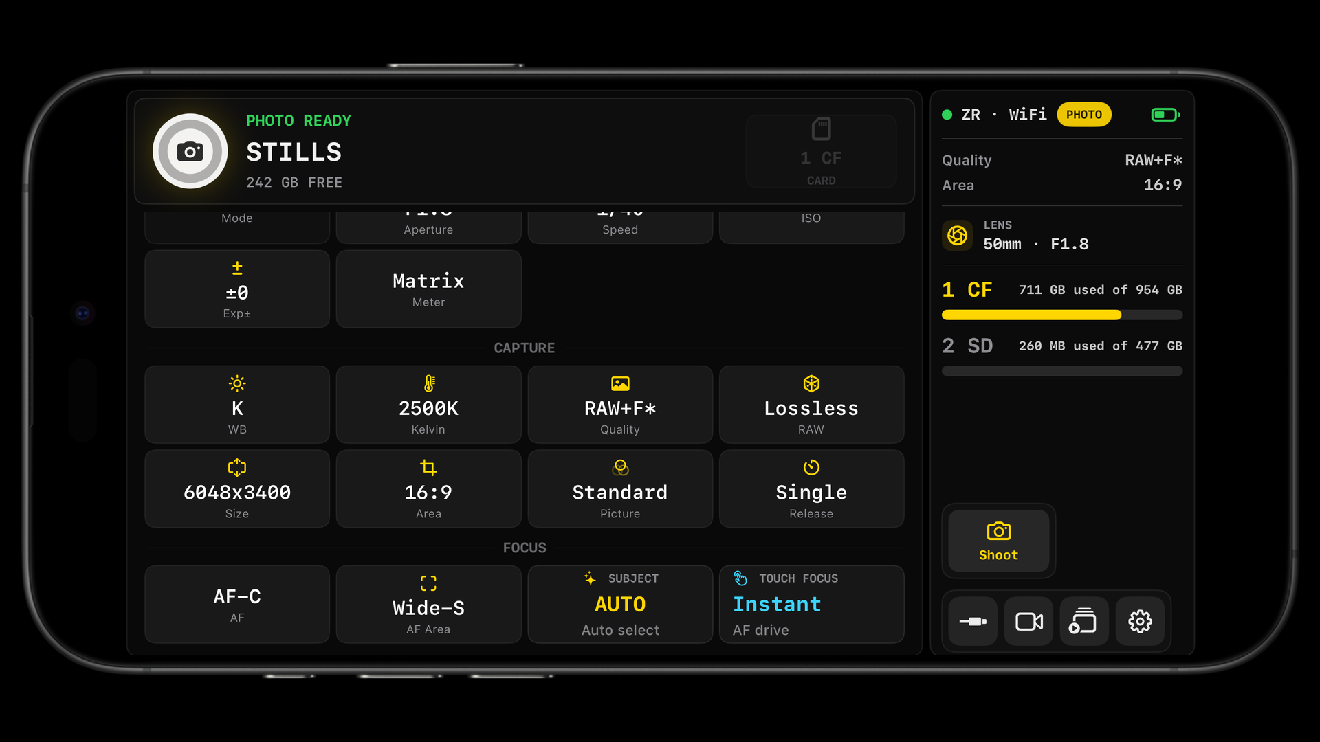 ZR Ctl photo capture and storage controls page