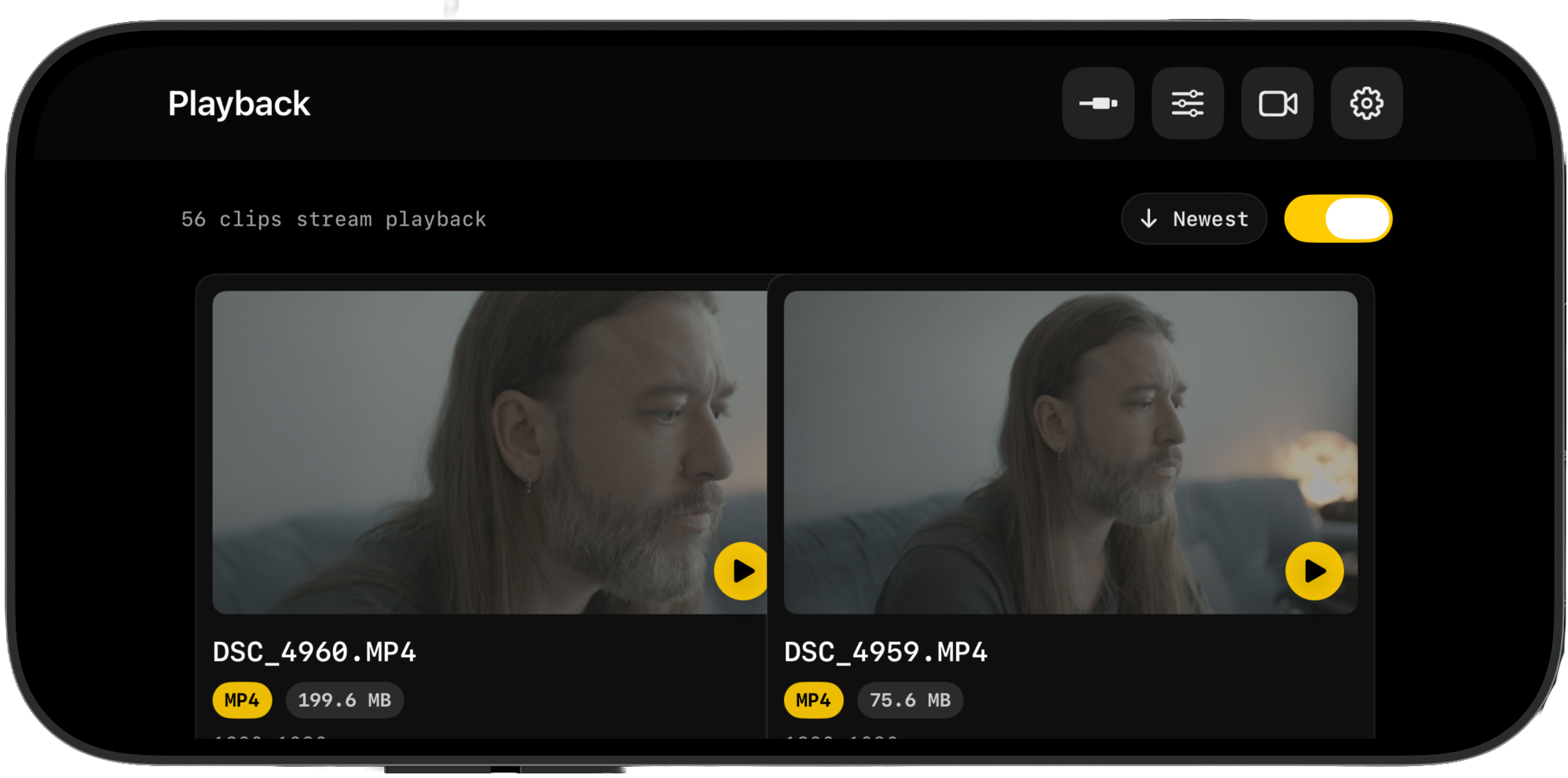 ZR Ctl camera card playback gallery with 56 clips and thumbnails
